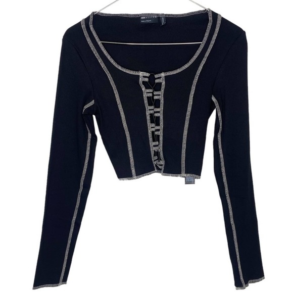 ASOS DESIGN Hourglass Exposed Seam Long Sleeve Top with Lace Up in Black - Picture 2 of 8